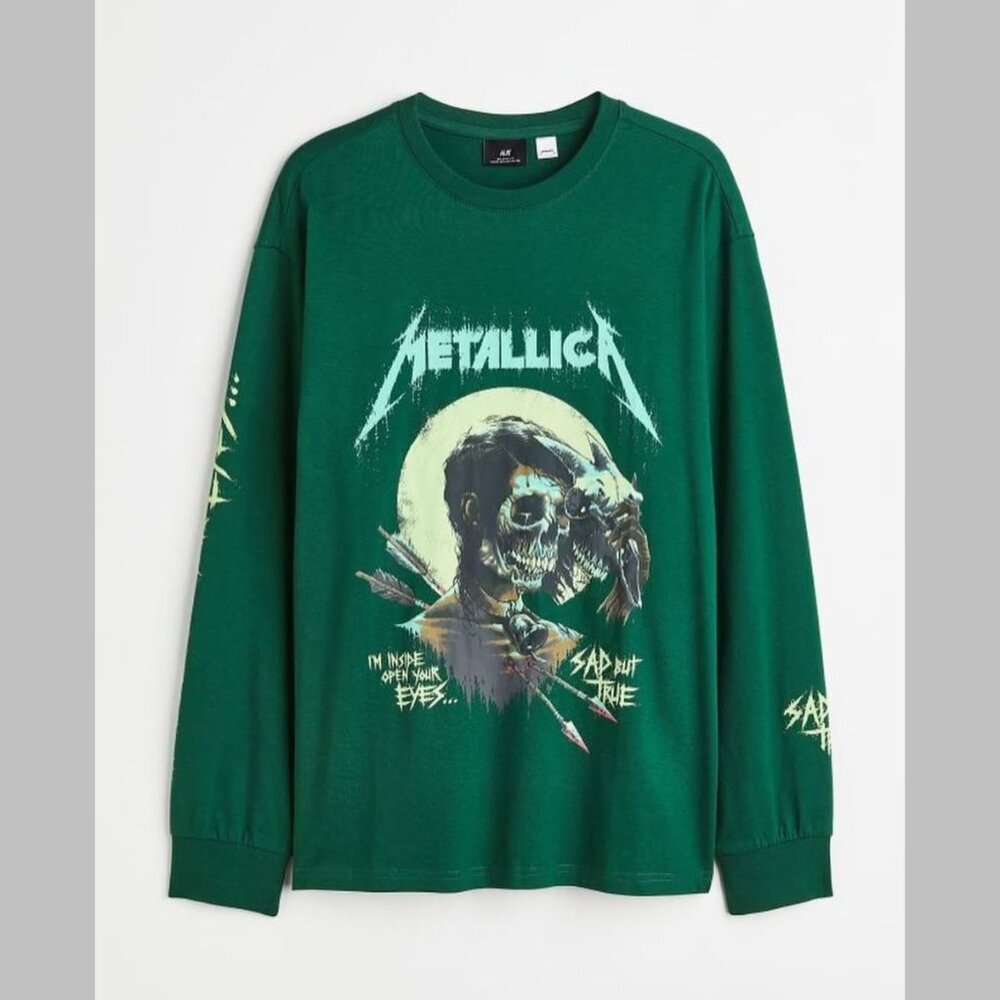 H&M - Relaxed Fit Printed Jersey Tee Long Sleeves Metallica | Large | Green
